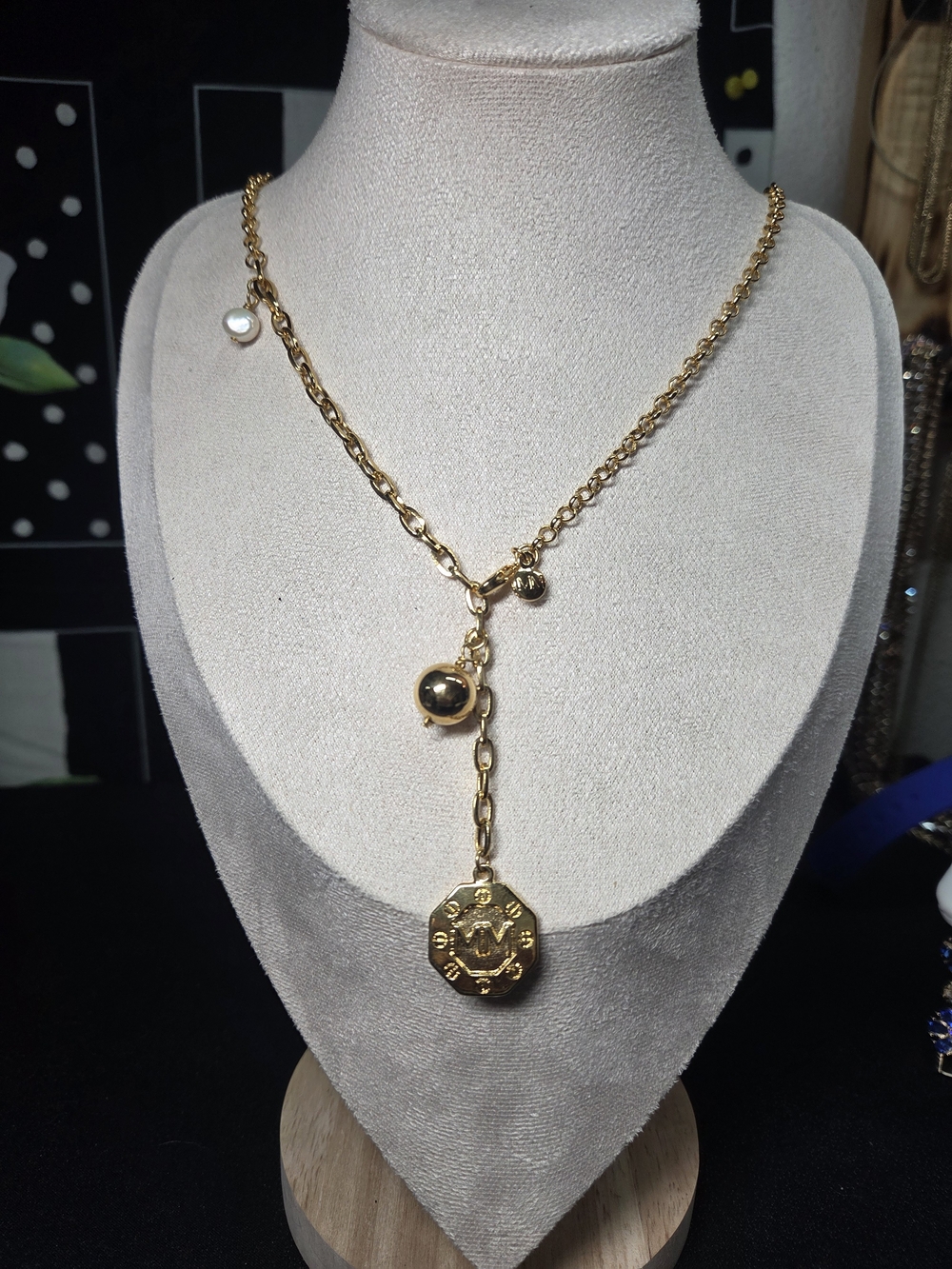 Gold Charm Lariat Necklace with Coin Pendant